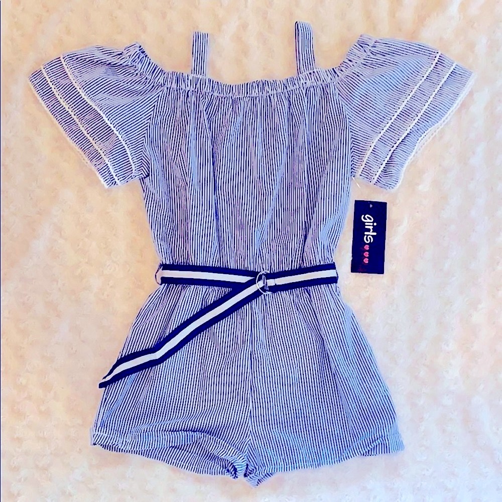 Girls Navy Blue Pen Striped Romper